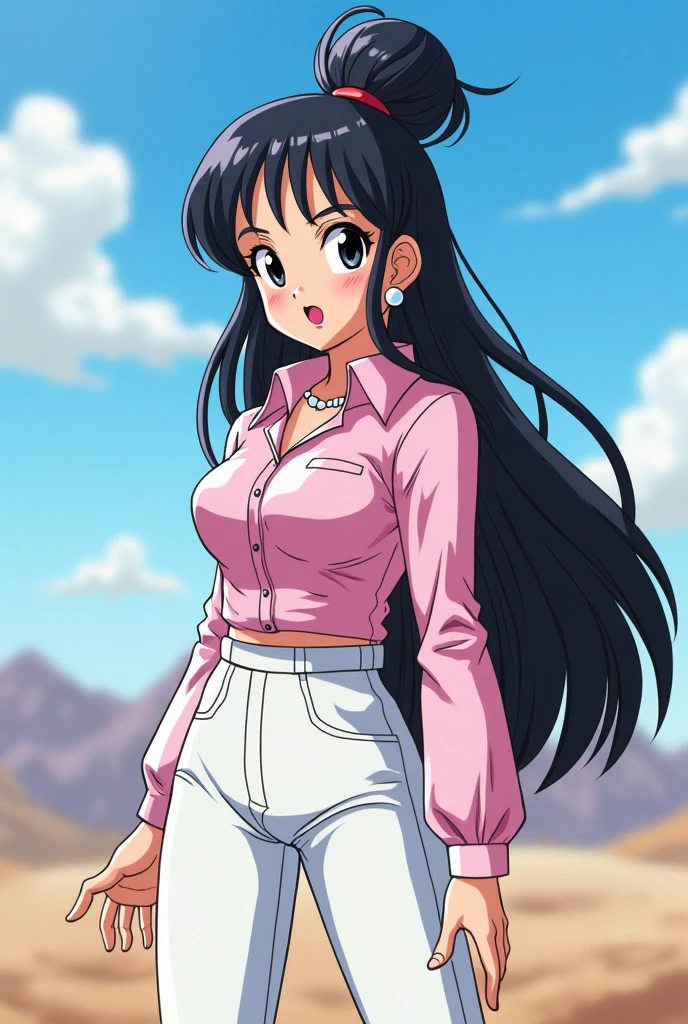 “Play Chi-Chi with white skin, her black hair styled in a bun, with long strands framing her face. She has pink lipstick, emphasizing her soft features. She is wearing a light pink collared shirt, paired with white pants and black high heels. Her accessories include earrings with white pearls and a pearl necklace. | Chi-Chi has normal breasts and butt, with anatomically accurate proportions, exuding a natural and elegant presence. The artwork is rendered in the unmistakable style of Akira Toriyama, with bold lines and dynamic shading. The colors and atmosphere reflect the vibrant, rich palette of Dragon Ball Z, capturing the essence of the animated series with its detailed cartoon aesthetic. The background portrays a typical Dragon Ball Z environment, with bright skies and subtle mountains in the distance, adding depth and immersion. More Detail, focusing on Toriyama’s iconic art style and the energy of this incredible series.”