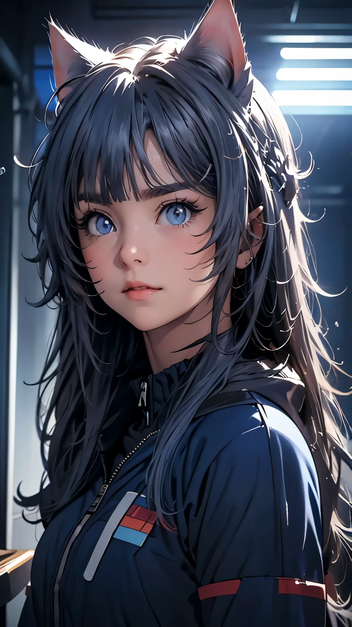 ((Masterpiece)), envision a 8k, highres, cinematic, extremely beautiful semi realistic close up portrait of a beautiful mature woman with a mature face, slender body, strong face, ((((long dark Navy Blue hair)))), side locks, choppy bangs, round face, long sweeping bangs, deep blue eyes, soft lips, lip gloss, thick eyebrows, round face, (((ahoge))), stickers on face, ((Cat Ears)), Bomber Jacket, long sleeve, collar, ribbon, ****ta, techwear, water bubbles, cape, ((((1girl)))), in dark lighting, against a dark gray background