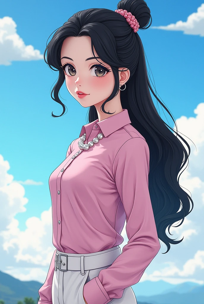 a beautiful detailed portrait of a girl with white skin, black hair styled in a bun with long strands framing her face, pink lipstick, wearing a light pink collared shirt, white pants, and black high heels, jewelry includes pearl earrings and necklace, with normal breasts and butt, anatomically accurate proportions, elegant presence, in the unmistakable style of Akira Toriyama with bold lines and dynamic shading, vibrant rich colors and palette reflecting Dragon Ball Z, detailed cartoon aesthetic, bright sky background with subtle mountains in the distance, masterpiece, best quality, 8k, highres, ultra-detailed, photorealistic, physically-based rendering, extreme detail description, vivid colors, studio lighting