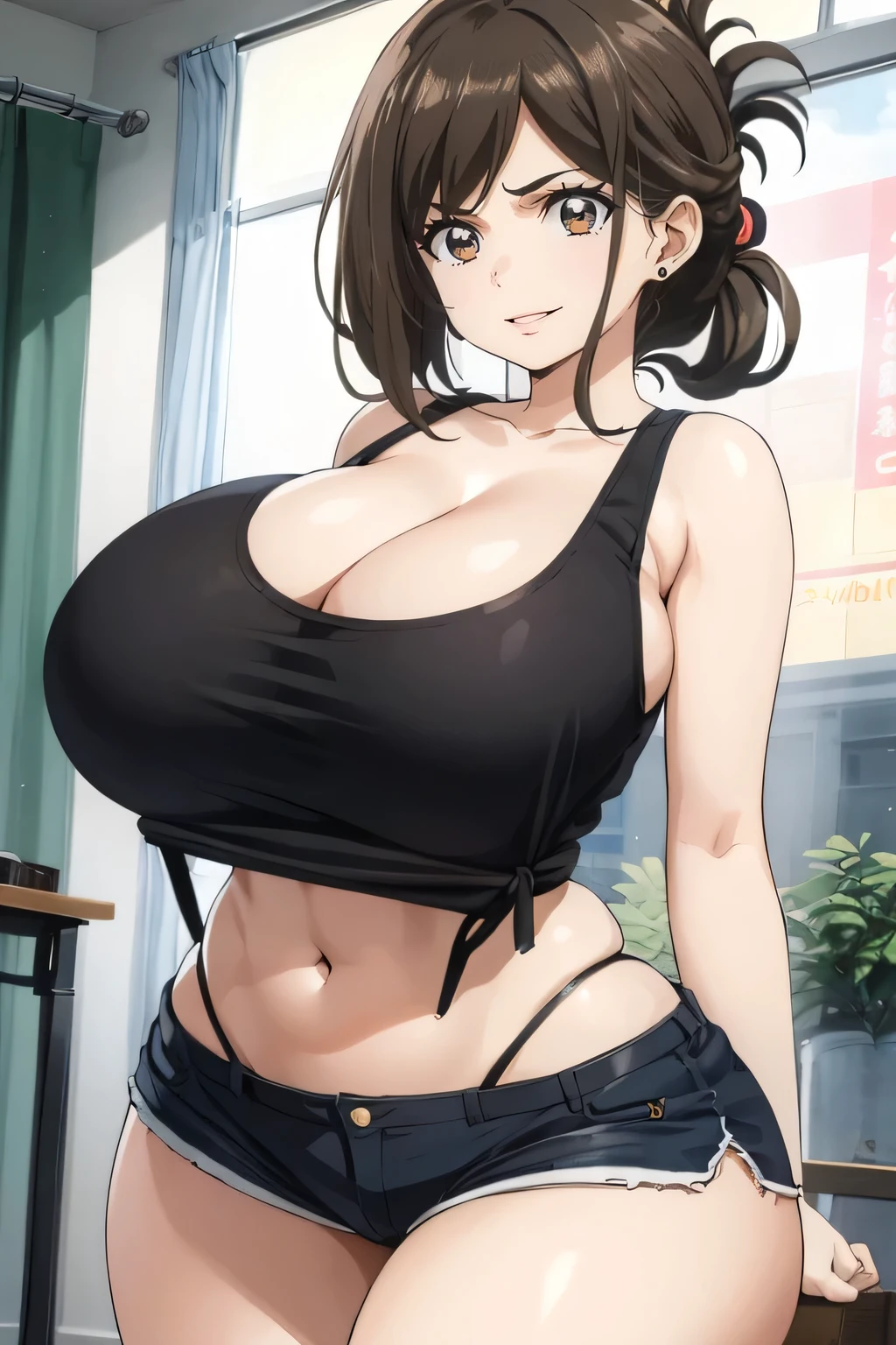 ((best quality)),((highly detailed)),masterpiece,absurdres,detailed face,beautiful face,(detailed eyes, deep eyes),1girl ,Kana, brown hair, Shorts, black shorts ,short shorts, highleg,brown eyes, breasts, indoors, solo focus ,sidelocks, bangs, v-shaped eyebrows, folded ponytail, huge breasts,f cup, standing, perky breasts, Cleavage,short hair,long hair,collarbone, cleavage, Navel ponytail,Kana, black tank tops,tight,Thick tight,teenage,hair up,Tighttops,tank top,kojima kana,panty_straps,curvy,hugeass,tighttops,kojima kana, brown hair, brown eyes, folded ponytail, large breasts,curvy body, perfect full round breasts,stud earrings ,evil smile , narrow waist ,(slender body:1.6), nice legs and hot body,full body