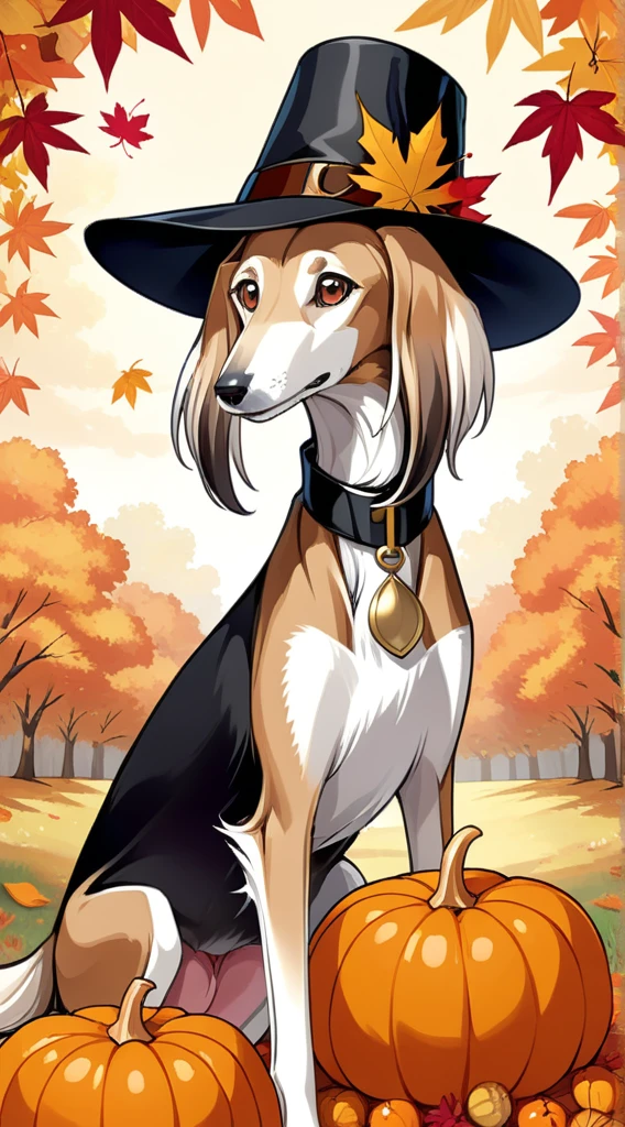 anime style, A strikingly majestic Thanksgiving Saluki wearing a pilgrim hat and fake turkey with Autumn leaves in the background, its fur exhibiting a stunning blend of colors, reminiscent of the intricate strokes of a master painter