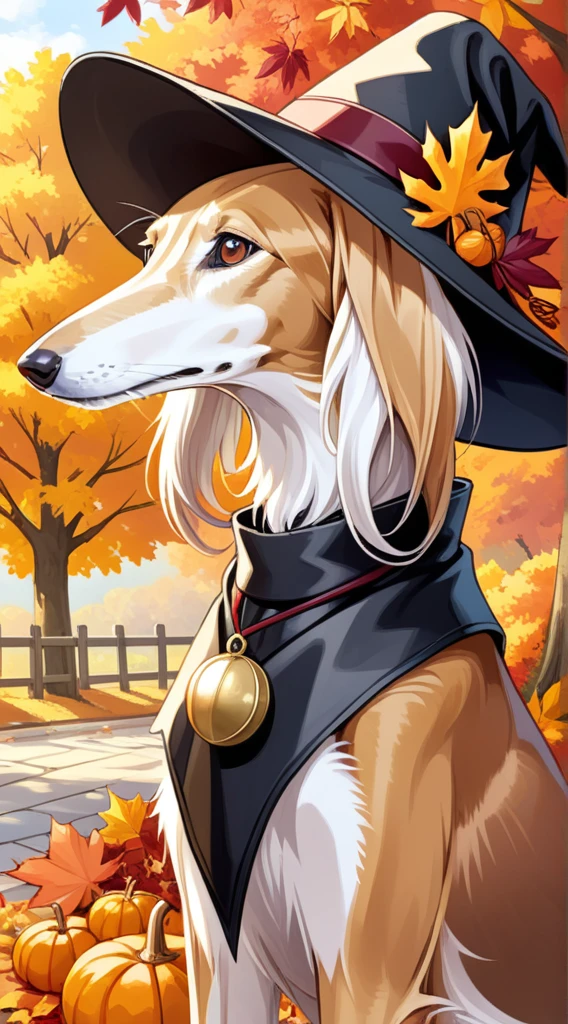 anime style, A strikingly majestic Thanksgiving Saluki wearing a pilgrim hat and fake turkey with Autumn leaves in the background, its fur exhibiting a stunning blend of colors, reminiscent of the intricate strokes of a master painter