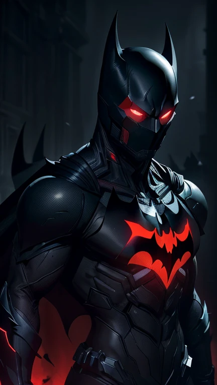 masterpiece,(((dark atmosphere:7.5,darkness:9.0,Underexpose Lighting:9.0,)))DC COMIC,batman beyond,Terry McGinnis,very wide shot:3.0,8k resolution, ultra detailed, high definition art, one male, back street at midnight background,black color head covered mask,glowing red color mechanical eyes,mechanical batman beyond suit,mechanical black and red color suit,exceptionally detailed glowing red color chest batman's simbol:2.0,(((Facing forward)))