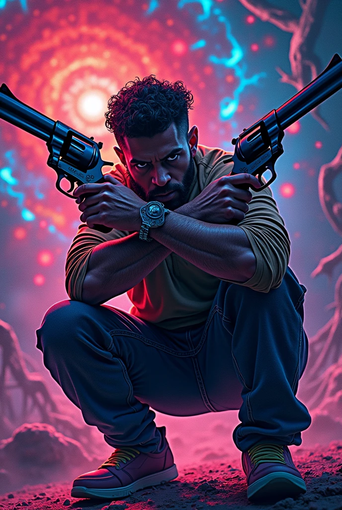 “A vibrant depiction of a man crouching with two revolvers, crossing his arms, in a psychedelic fantasy style. This image is inspired by the fusion of digital art and psychedelic fantasy, featuring vivid neon colors and intricate fractal patterns. | The environment/background should include a surreal, otherworldly landscape with swirling colors and mystical elements, creating a mesmerizing and fantastical atmosphere. | The image should be in the style of psychedelic fantasy, incorporating elements of bold outlines, vibrant neon colors, and a blend of digital and fantastical elements. | The camera shot should be a medium close-up, captured with a standard lens, providing a detailed and engaging perspective. | The lighting should be dramatic, with glowing highlights emphasizing the vivid neon colors and the surreal elements. | The desired level of detail is high with vector resolution, highlighting the revolvers, clothing details, and psychedelic patterns. | The goal is to create an image that captivates viewers with its intensity and mysticism, showcasing the fusion of digital art and fantasy.”