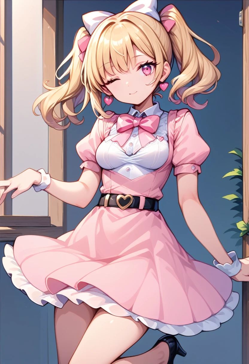 beautiful, masterpiece, best quality, extremely detailed face, 1girl, pink eyes, medium length hair, blonde hair, white back hair bow, heart earrings, pearl necklace, winking, puffy sleeves, buttoned down top, short pink skirt, black heart belt, pigtails, solo, white bow heels