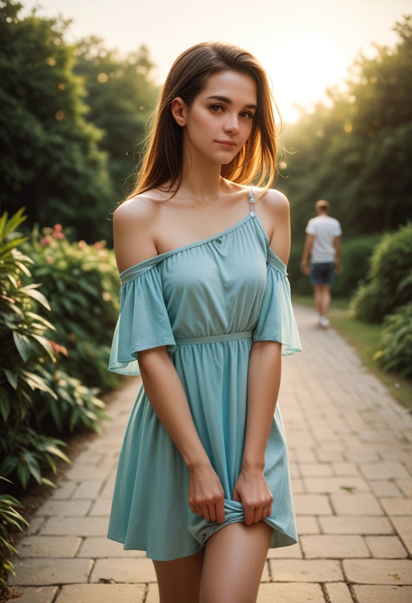 score_9, score_8_up, score_7_up, photo, Young woman, pensive, simple off-the-shoulder top, one hand adjusting dress, other hand on shoulder, casual party, relaxed, social atmosphere, soft lighting, warm tones against the gentle light of the setting sun and calm mood, 