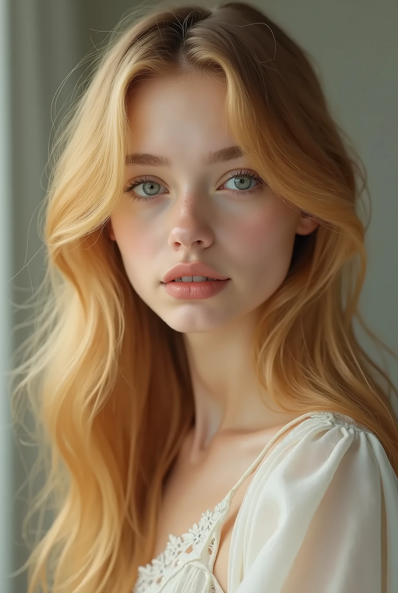 1girl in, age19, Solo, Aesthetic artwork, irish, wavy ginger hair, shoulder length hair, gray eyes, light grey eyes, pale skin, A-cup, small breasts, runners body, (textured skin, skin pores:1.1), goosebumps, POV closeup of young woman doing sexy yoga