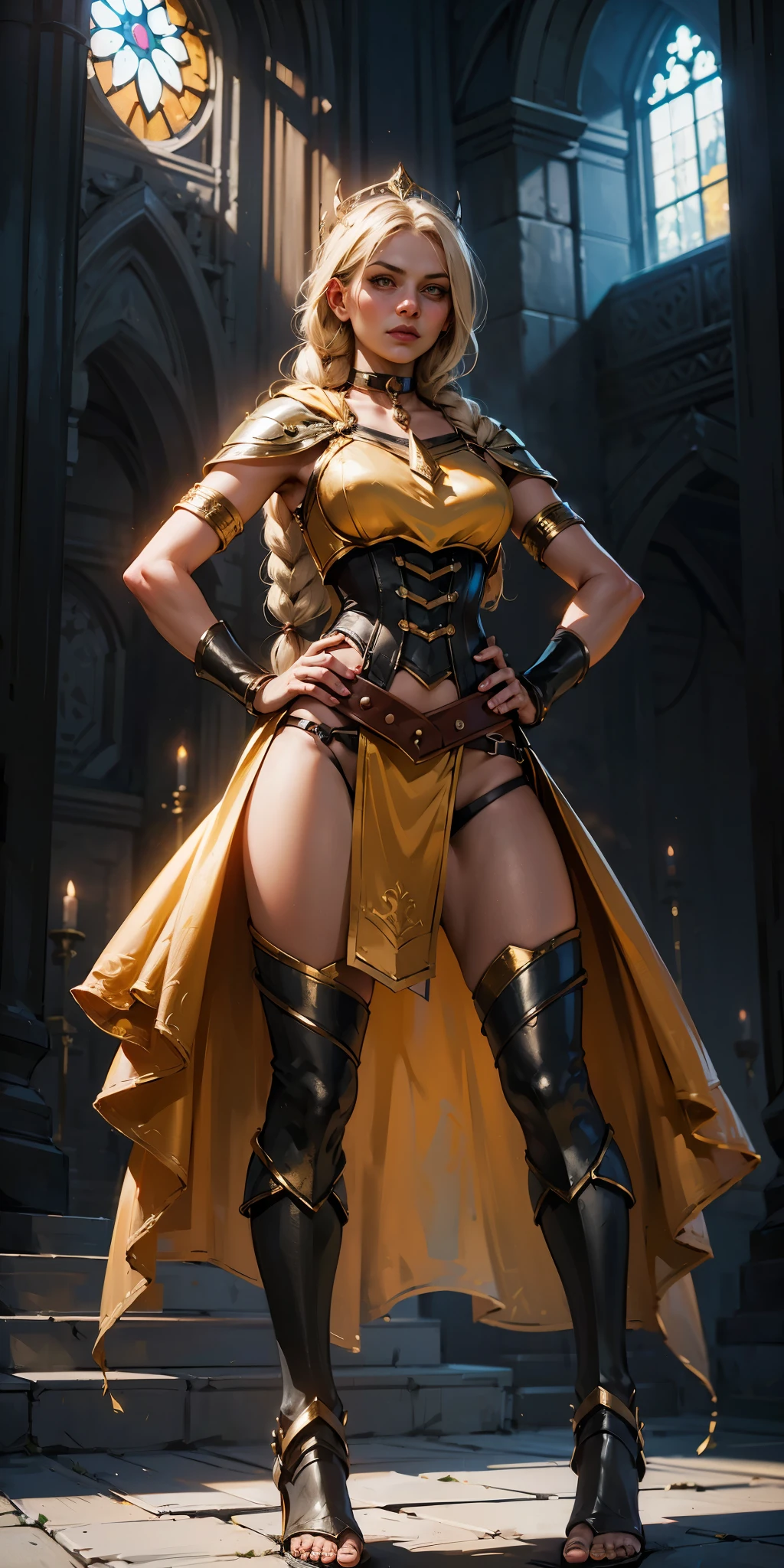 paladin lady in ornate golden armor, black collar, pauldrons, breastplate, corset, glowing halo, single braid, blonde, yellow glowing eyes, bright pupils, eye focus, red cape, temple indoors, stained glass windows, night, moonlight, particles, light beam, chromatic aberration, (full body, whole body. 1solo (girl). slave fighter, loincloth standing, hands on hips full body, whole body. 1solo (girl). slave fighter, loincloth standing, hands on hips, metal sandals, backpack, choker, big belt, view from below, feet together, bracers, tiara)
