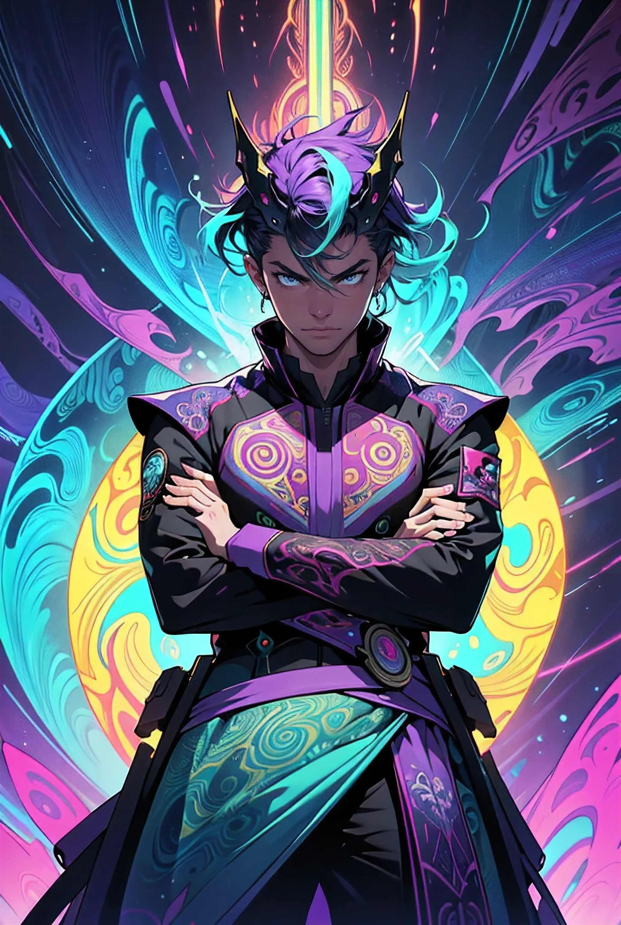 “A vibrant depiction of a man crouching with two revolvers, crossing his arms, in a psychedelic fantasy style. This image is inspired by the fusion of digital art and psychedelic fantasy, featuring vivid neon colors and intricate fractal patterns. | The environment/background should include a surreal, otherworldly landscape with swirling colors and mystical elements, creating a mesmerizing and fantastical atmosphere. | The image should be in the style of psychedelic fantasy, incorporating elements of bold outlines, vibrant neon colors, and a blend of digital and fantastical elements. | The camera shot should be a medium close-up, captured with a standard lens, providing a detailed and engaging perspective. | The lighting should be dramatic, with glowing highlights emphasizing the vivid neon colors and the surreal elements. | The desired level of detail is high with vector resolution, highlighting the revolvers, clothing details, and psychedelic patterns. | The goal is to create an image that captivates viewers with its intensity and mysticism, showcasing the fusion of digital art and fantasy.”