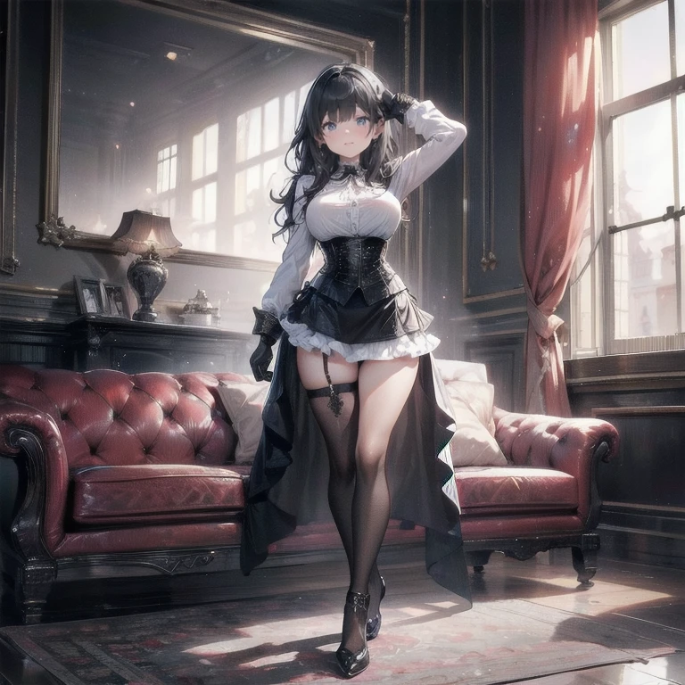 masterpiece, top quality, best quality, official art, (beautiful and aesthetic:1.3),extreme detailed,(fractal art),colorful, realistic style, official wallpaper, 1lady, standing to a floor-to-ceilingmirror,translucent dress a white shirt, short gauze skirt covered her leges, sunlight on her skin, with metal hair ornament, wearing lace gloves, and suspender stockings,on high heels, black long hair, looking back,light pink gauze miniskirt, lace underpants,