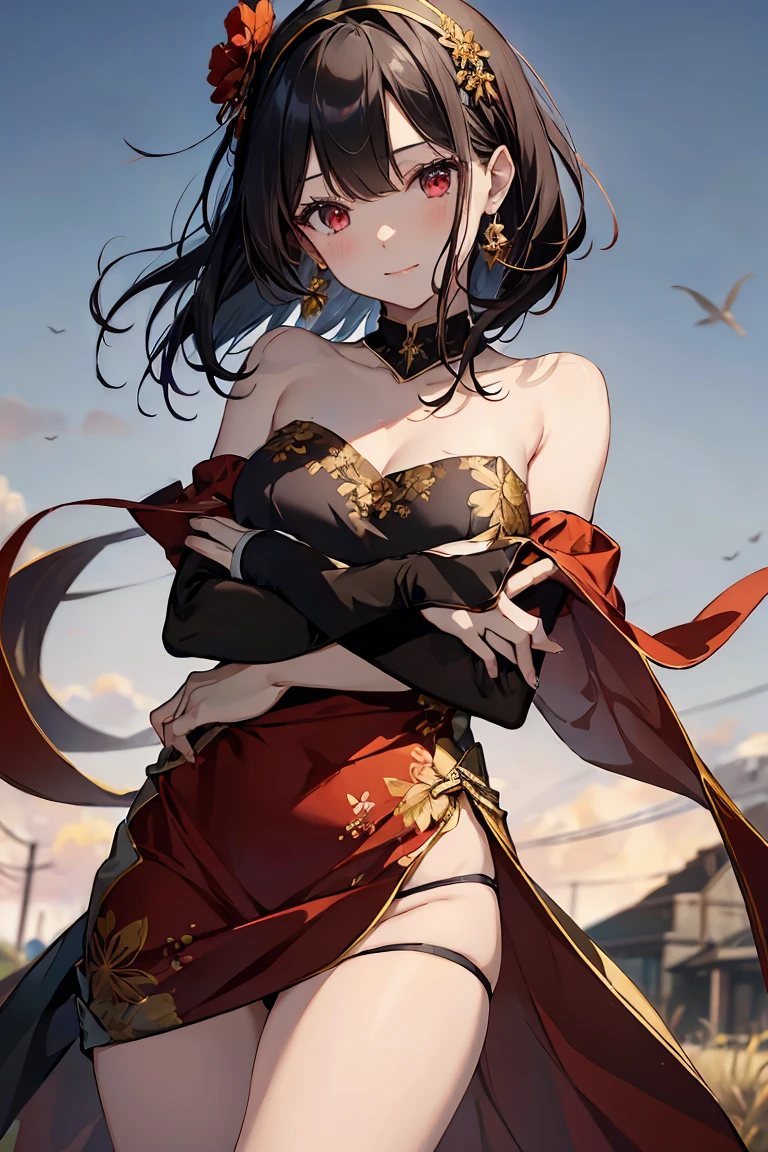 ((female, magic power, wearing flames, cloaks, with flame, wasteland, super long shot, looking away)), wear a sheer, fiery dress, wrap the udder, bras of any color, pubic hair, pubic hair sticks out of the panties, pubic hair is all over the lower belly, pubic hair up to the thighs, quite a lot of pubic hair, don't trim pubic hair, detailed panties, crotch with fingertips, pubic hair at your fingertips, lower body is thin, blushing, squinted, thin laughter, any hairstyle, ruins