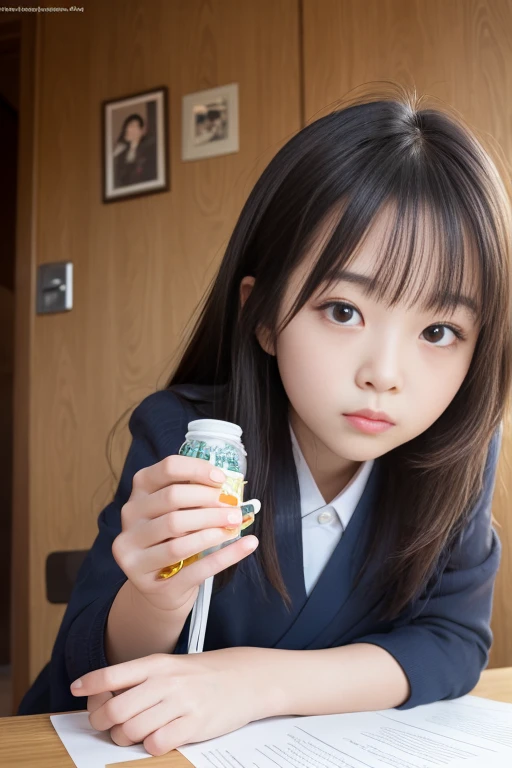 A high school girl with long black hair, a straight nose, and a bright, kind face is dripping milk from the corner of her mouth.