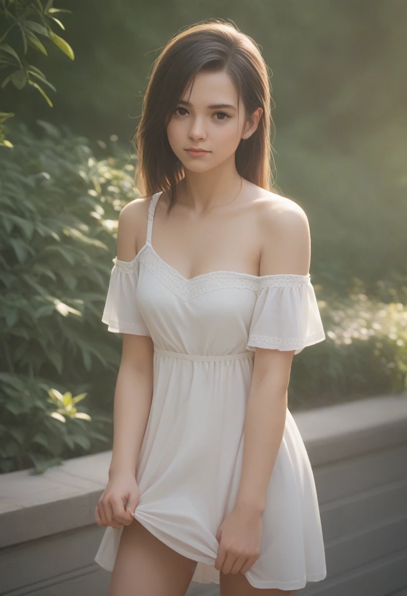 score_9, score_8_up, score_7_up, score_6_up, Young woman, pensive, simple off-the-shoulder top, one hand adjusting dress, other hand on shoulder, casual party, relaxed, social atmosphere, soft lighting, warm tones against the gentle light of the setting sun and calm mood, 