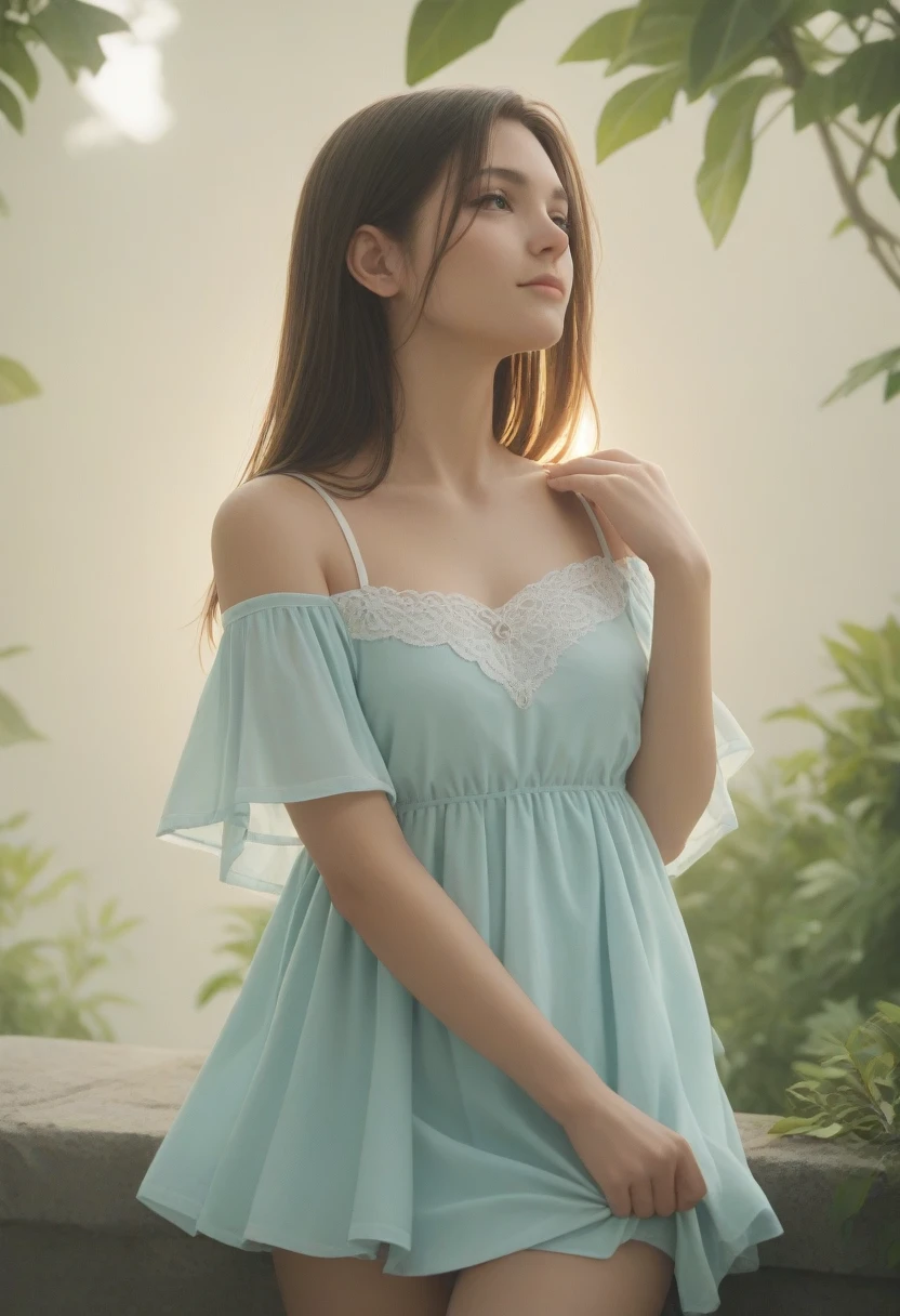 score_9, score_8_up, score_7_up, score_6_up, Young woman, pensive, simple off-the-shoulder top, one hand adjusting dress, other hand on shoulder, casual party, relaxed, social atmosphere, soft lighting, warm tones against the gentle light of the setting sun and calm mood, 