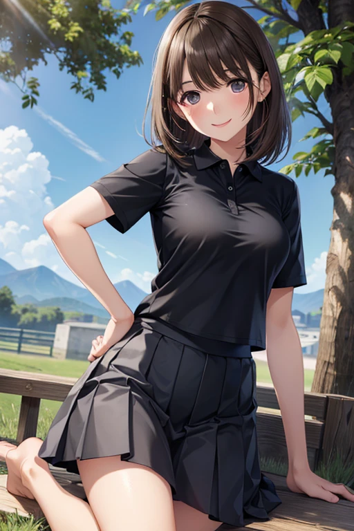 my grandmother、Shiny brown hair,  (Beautiful brown eyes、Sparkling eyes, Fine grain)、smile、Ultra-detailed eyes、非常にDetailed face, Highly detailed eyes,Cowboy Shot、

nsfw,
Best Quality, Detailed face, One girl, Middle chest, smile, ((Black polo shirt, BREAK Gray Micro Skirt)), good anatomy, View your viewers, Soft Focus, Cinematic Lighting, Depth of written boundary, ((Happy expression)), Mid-length hair, barefoot, Outdoor