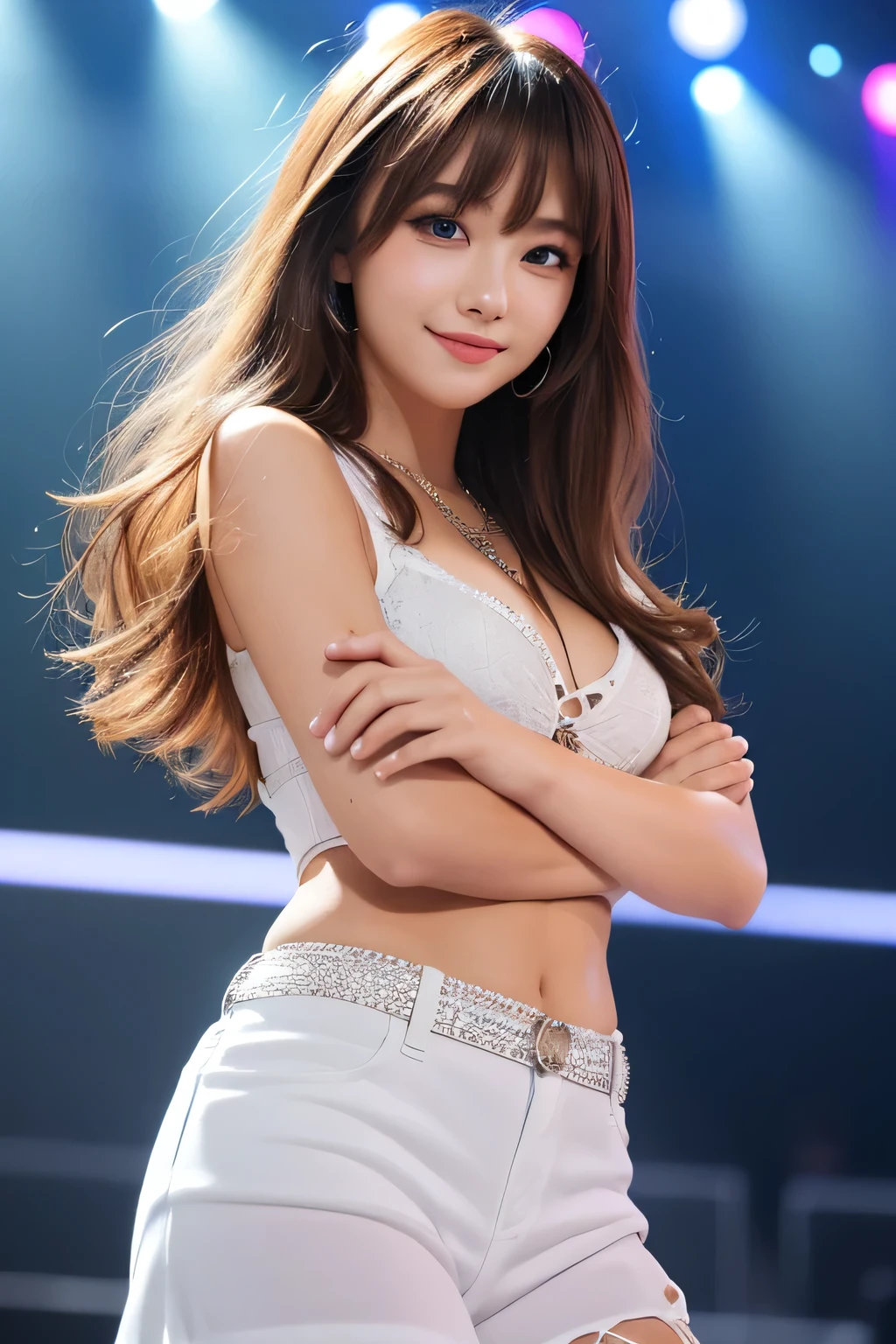 (8k), (highest quality: 1.2), (Realistic), (Realistic: 1.37), Ultra-high resolution, 1 girl, cute, (Embarrassed smile:1.2), (Blushing:1.4)Mouth closed, Beautiful details, Beautiful Nose, Wet Hair, giant dulcefo, pork, Thighs,Navel exposed,University Student Uniform,A simple blazer,Pleated skirt,Platform boots,Dancing on the school stage,(shiny legs:1.4),Medium Shot,(A little bit of cleavage is visible:1.3)