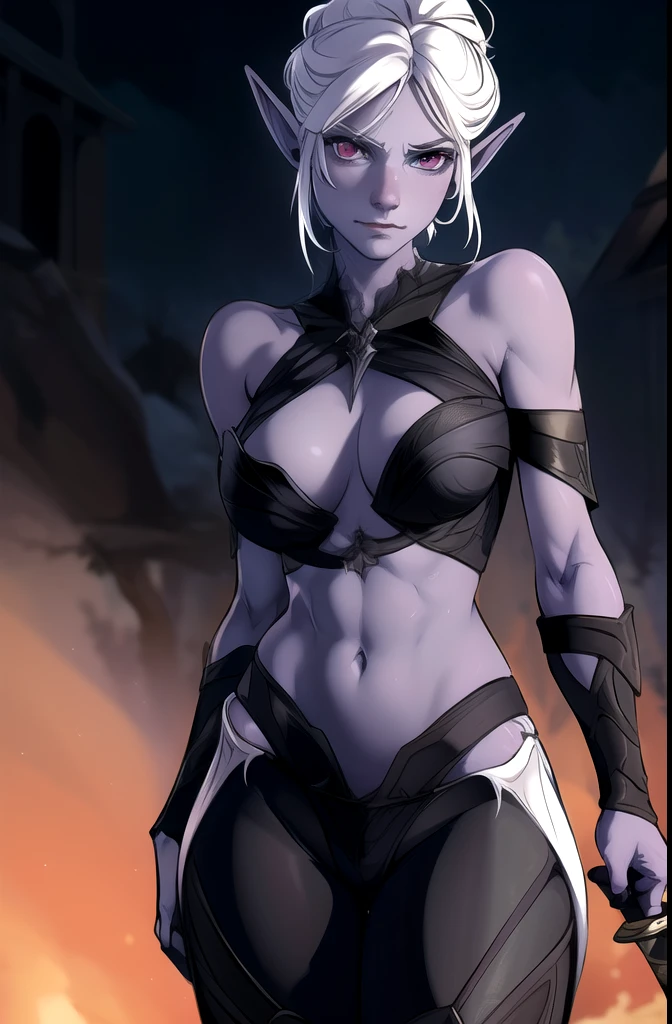 minthara,1girl,drow, heavy armor with bare tummy, bare shoulders, covered arms and hands, tightly collared, elf, flower, pointy ears, red eyes, solo, sword, weapon, exposed tummy, shredded abs, skinny, toned belly, bare torso, white flower, white hair, illustration of a anime girl imagination, hyperrealistic photo by Seebas Apterus and Larry Bell art, blending, smooth, detailed expressions, artstyle, detailed eyes, HDR, UHD, k, RTX, sharp, sharp focus, highly detailed, intricate detail, professional, artistic flow, ultra detailed, high resolution photography, (bright colors)