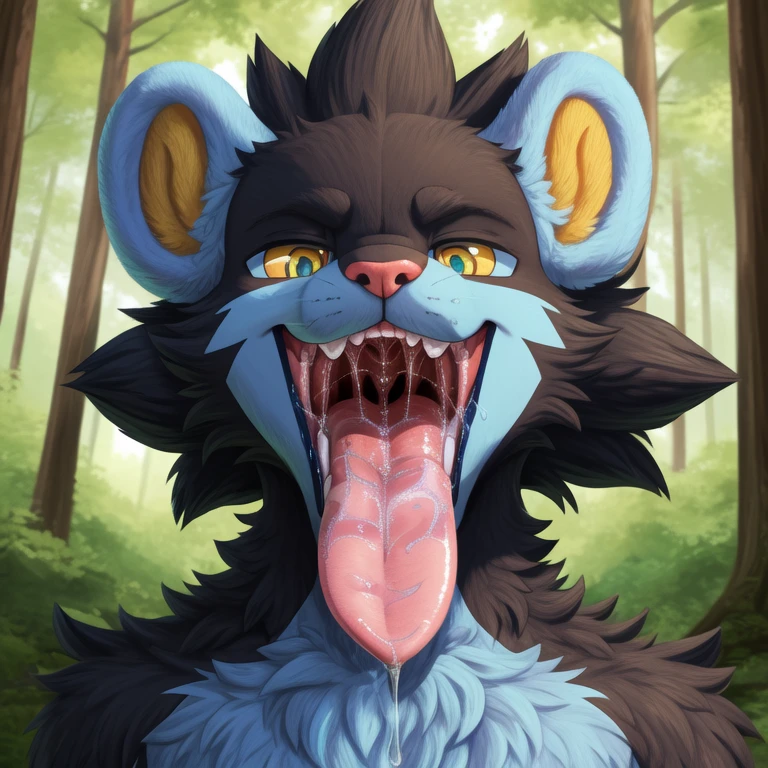 uploaded on e621, solo, anthro, nsfw, explicit, explict, luxray, detailed fur, very fluffy, impasto impressionism, soft , anatomically correct, vibrant colors, full color, (highly detailed:1.2), (first person view), forest, open mouth, fangs, ((((((excessive saliva)))))), (detailed mouth, detailed tongue), (((saliva string))), (maw shot), ((white)), (by IncredibleEdibleCalico)