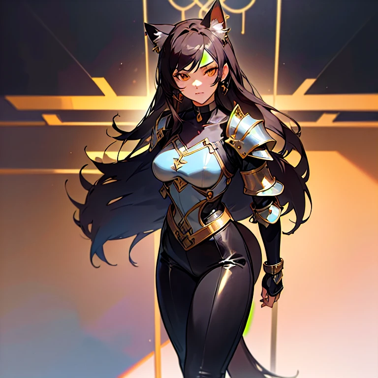 1 girl, long messy black hair, long braids, glowing yellow eyes, long eyelashes, cat ears, cat eyes, wearing a leather suit, cute, dangerous look, lovely rogue