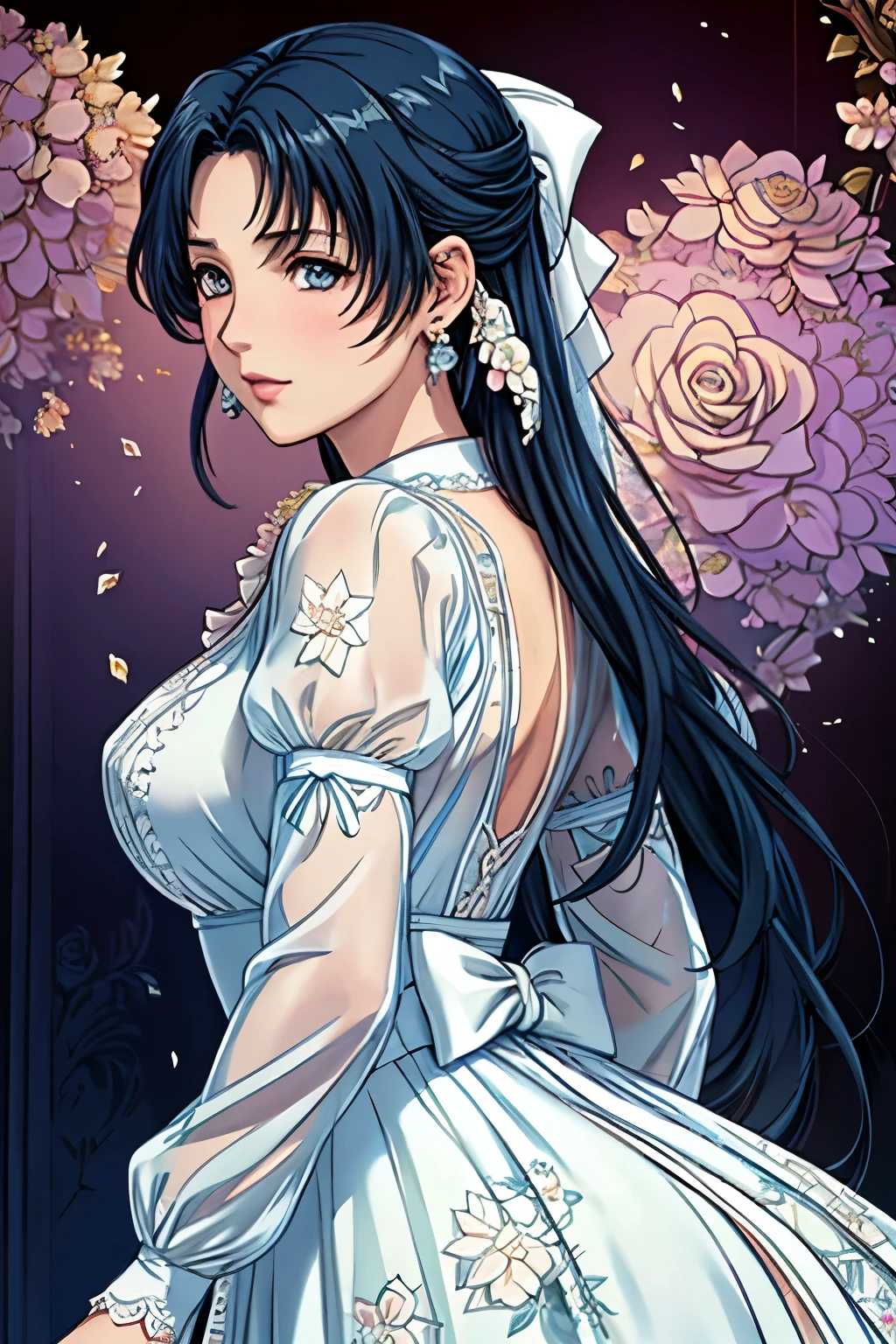 (​masterpiece, top-quality, top-quality, Official art, Beautifully Aesthetic:1.2), blue eyes, (highest quality, masterpiece painting:1.3), immature woman, , (half body shot), masterpiece, ultra high resolution, (((bridal veil, lace-trimmed dress, see-through, wedding dress, outdoors, white roses, (long sleeves:1.2), pink bow,))), Decorative panel, abstract art, (shot from a side angle), (Photoreal:1.0), ((dark blue hair)),straight hair, beautiful shining hair, white and shining skin, Painterly, sketch, Texture, 超A high resolution, solo, Beautuful Women, A highly detailed, (Fractal Art:1.1), (colourfull:1.1), (florals:1.6), The most detailed, (Zentangle:1.2), (Dynamic Poses), (Abstract background:1.3), (shinny skin), (Many colors:0.8), (earrings:1.4), (pluma:0.9), Taisho romance,