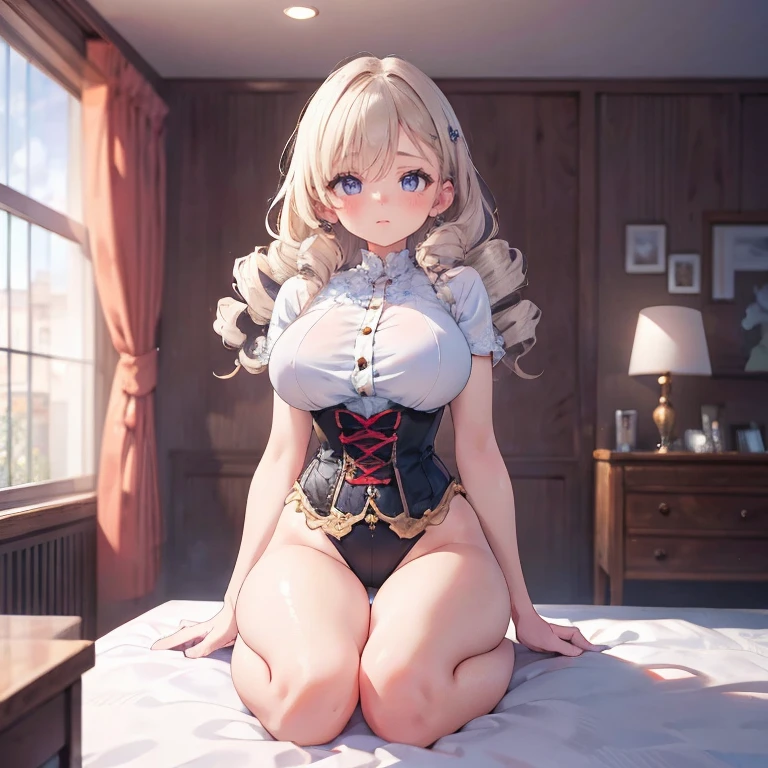 (hyperrealistic), (illustration), (high resolution), (8K), (extremely detailed), (best illustration), (beautiful detailed eyes), (best quality), (super detailed), (masterpiece), (wallpaper), (detailed face), solo, 1 girl, white wavy hair, korean, heterochromic eyes, small moles under the eyes, maid outfit, big breasts, long legs, tight abs, (camel toes), (black stockings), (no panties)