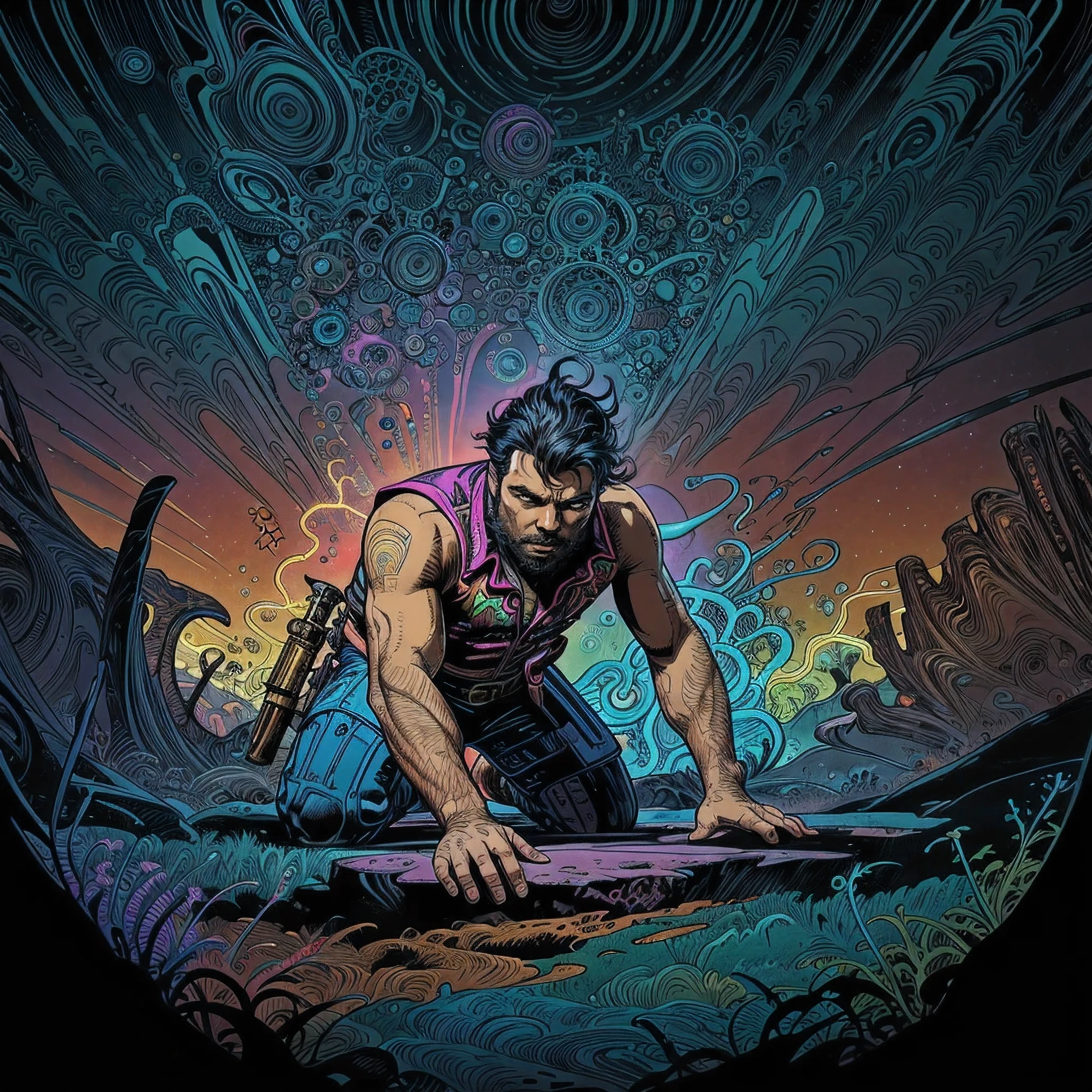 a mid-shot close-up man crouching with two revolvers, crossing his arms, psychedelic fantasy style, vibrant neon colors, intricate fractal patterns, surreal otherworldly landscape, swirling colors, mystical elements, bold outlines, digital and fantastical elements, medium close-up, standard lens, dramatic lighting, glowing highlights, vector resolution, high detail
