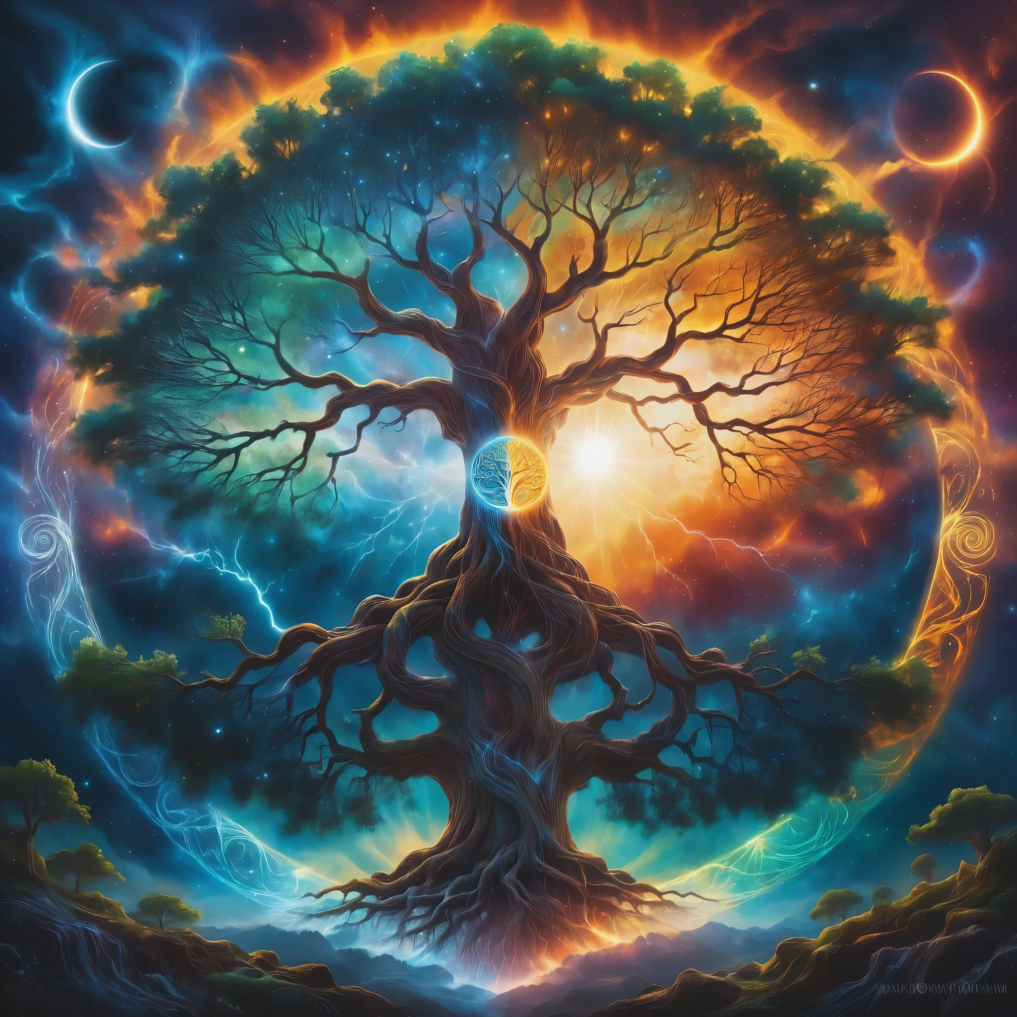 A painting of a tree with the sun and the moon in the background, Cosmic Tree of life, Cosmic Tree, the world Tree, tree of Life seed of doubt, world Tree, tree of Life, Magic Tree, Magic Tree, the tree of Life, Fractal Thunder - Dan Mumford, Fantasy tree, mystical landscapes, Art, Yggdrasil. Representatives of the four elements of nature.