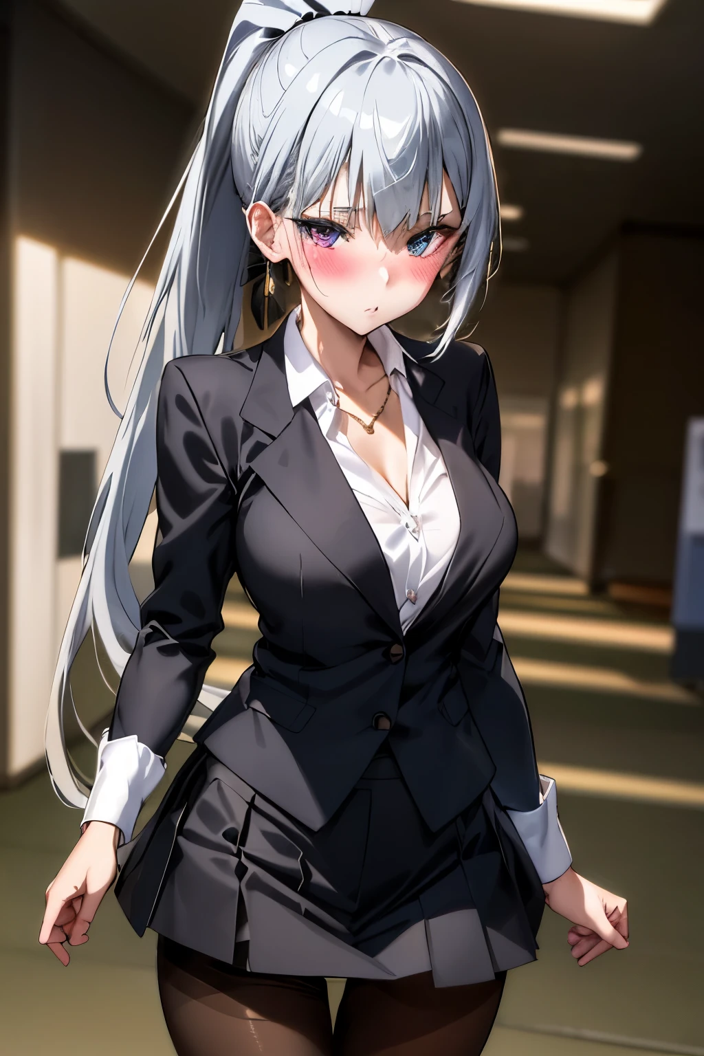 (Best Quality:1.2),  Alone、Luminous Valentine,Silver Hair、Odd Eye、ponytail、(blush:1.1), Embarrassing, View your viewers、((Office Lady Clothes))、((pantyhose))、(Suit skirt)、(Medium Breast)、Black Bra、Leg spread