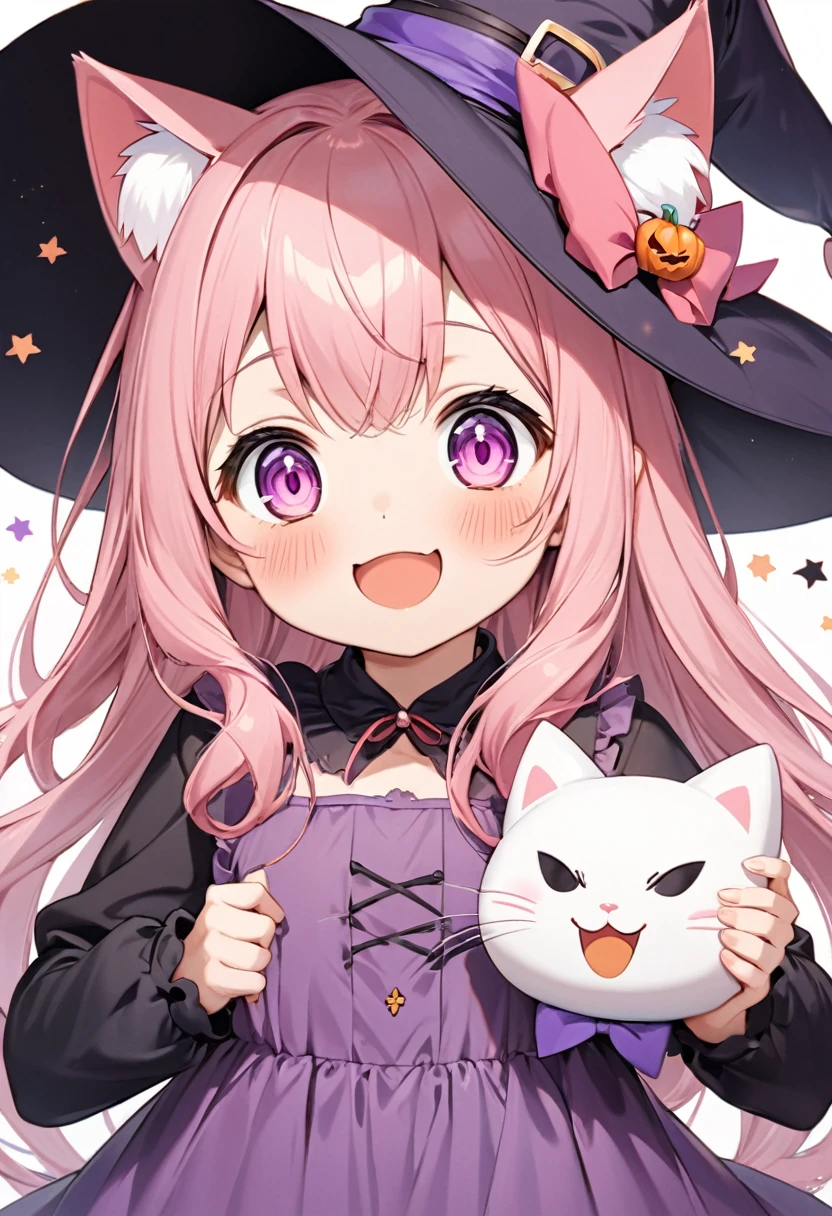 adorable anime character, pink hair, neatly styled, black devil horn hood, skull accessory, large purple eyes, open mouth smile, ghosts, pumpkin ghost, bats flying around her, deformed church background, pastel color palette, outlined, storybook style, warm and cozy, textured paper, hologram-like effect, digital and analog fusion, digital illustration