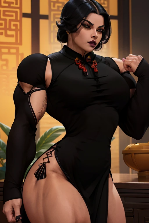 ((Close-up)), tall, (black hair) beautiful muscular woman, long straight hair, brown skinned, closed smile, large breast, (black lipstick), (massive muscles), (hyper muscle), ((ginormous bulky muscles)), orange eyes, (((((black long sleeve cheongsam dress))))), (fingerless gloves), choker, thigh high, in a dark office, 