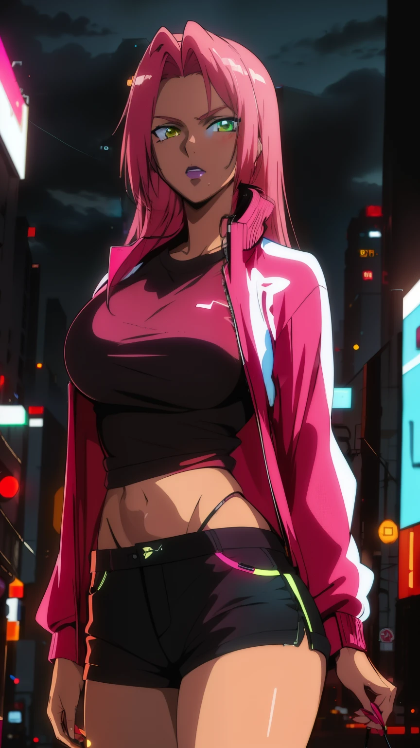 (Highest quality, masterpiece, 8k:1.2), (anime coloring:1.2), ultra-high resolution, hyper detail, Ingrid, one girl, 20 years old, adult woman, (pink hair), high height, big breasts, dynamic angle, staring at the viewer, (jacket, T-shirt, shorts, cyberpunk style, night city, neon lights:1.2)