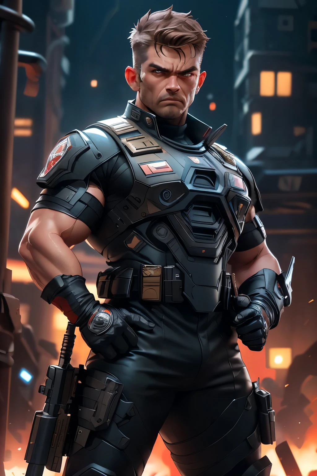 A hyper-detailed, photorealistic image of a strong man, 40Yo, with short, brown hair. His expression is serious and menacing, with a piercing gaze that conveys confidence and danger. He is wearing a black military uniform with technological metal gloves, emphasizing his modern and tactical look. In a dynamic action pose,. The setting is a dimly lit urban environment, with shadows playing on his figure, highlighting his intense and focused demeanor and the shiny details of the weapons. The atmosphere is tense, with an air of suspense, as if a fight were about to break out.