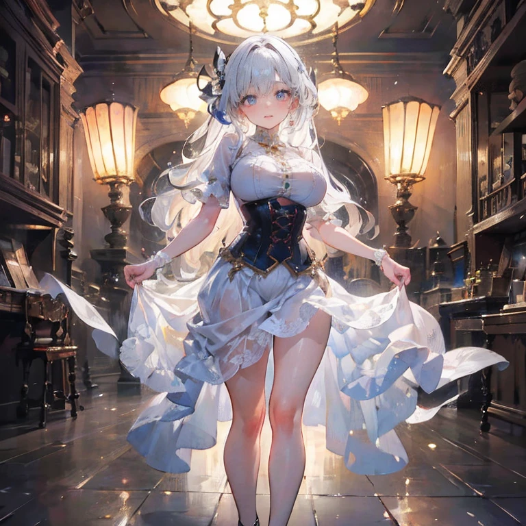(Masterpiece), (Best quality), (Ultra-detailed), (Solo), 1girll, full body, Complex mirrors, pearls necklace, Embroidery, Sleeve frills, Dress silk overlay, asymmetric dress, Crubnika skirt,Medium-sized breasts, gold city\(umamusume)\, Horse Ears, butterfly style