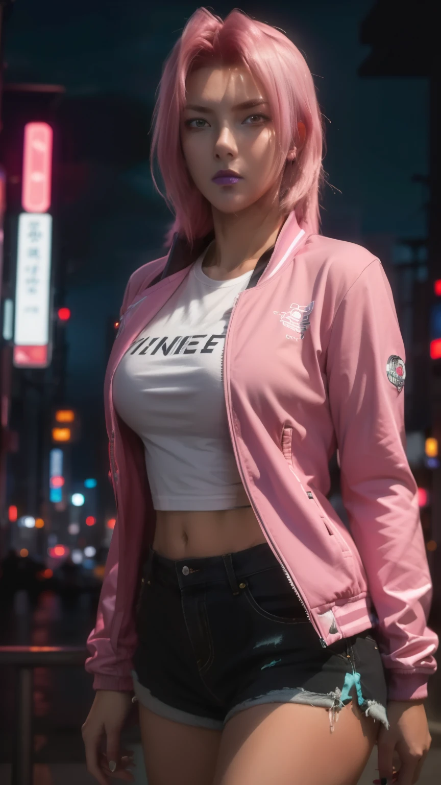 (Highest quality, masterpiece, 8k:1.2), (reality:1.4), ultra-high resolution, hyper detail, Ingrid, one girl, 20 years old, adult woman, (pink hair), high height, big breasts, dynamic angle, staring at the viewer, (jacket, T-shirt, shorts, cyberpunk style, night city, neon lights:1.2)