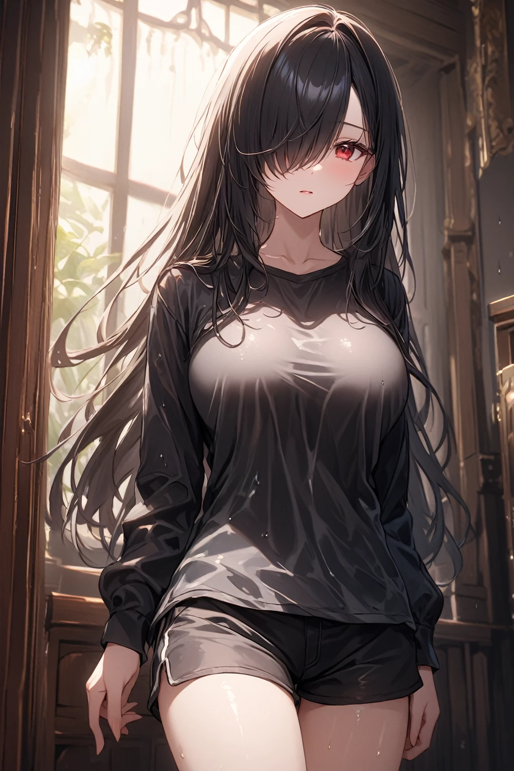 Full Body Portrait, 1girl, Solo, Looking at viewer, Shy, Cute, Red Eyes, Empty Eyes, Expressionless Eyes, Black Hair, Very Long Hair, Straight Hair, ((Hair Over One Eye, Swept Bangs:1.5)), Petite, Large breasts, Pale Skinned, Slender, Curvy, (Long Sleeves, Black Top, Shorts, wet clothes, see-though), Standing, Indoors, Cinematic Lighting, Masterpiece, 4K, Best Quality, High Resolution, Accurate, Award Winning, (SuperQuality:1.0) ~ (SuperQuality:1.2)