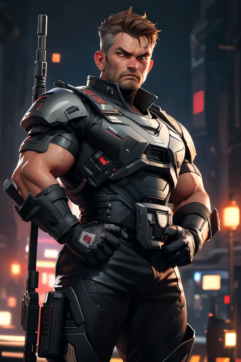 A hyper-detailed, photorealistic image of a strong man, 40Yo, with short, brown hair. His expression is serious and menacing, with a piercing gaze that conveys confidence and danger. He is wearing a black military uniform with technological metal gloves, emphasizing his modern and tactical look. In a dynamic action pose,. The setting is a dimly lit urban environment, with shadows playing on his figure, highlighting his intense and focused demeanor and the shiny details of the weapons. The atmosphere is tense, with an air of suspense, as if a fight were about to break out.