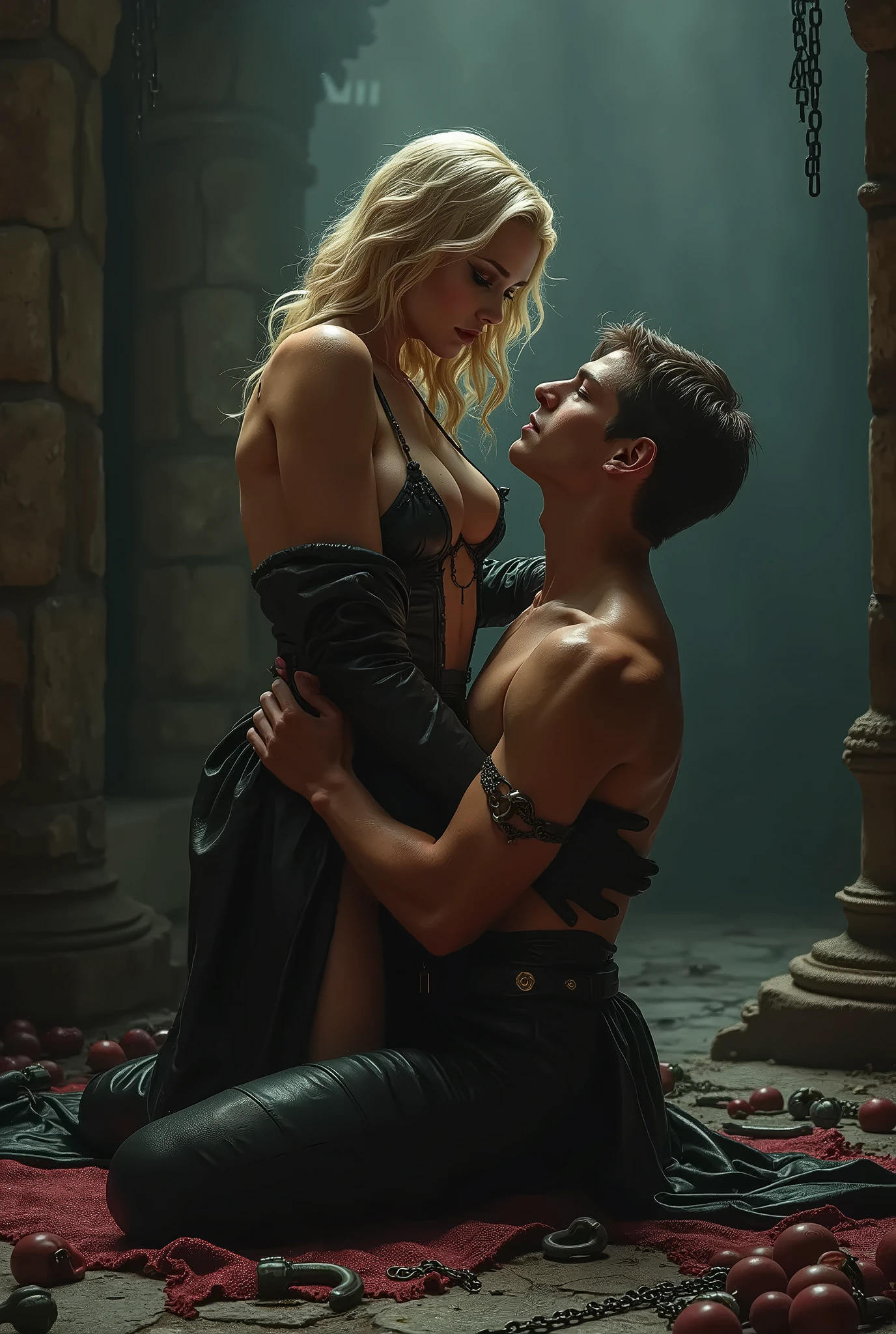 Photo of the award winner, A young man Viking warrior undressing a beautiful Valkyrie in Asgard, Lovers, Masterpiece, intricate details, sharp-focus, Depth of field, netflix, HBO, Zack Snyder, Epic cinema, Film grain, Cold overcast skies, storm, Cosy, rim light