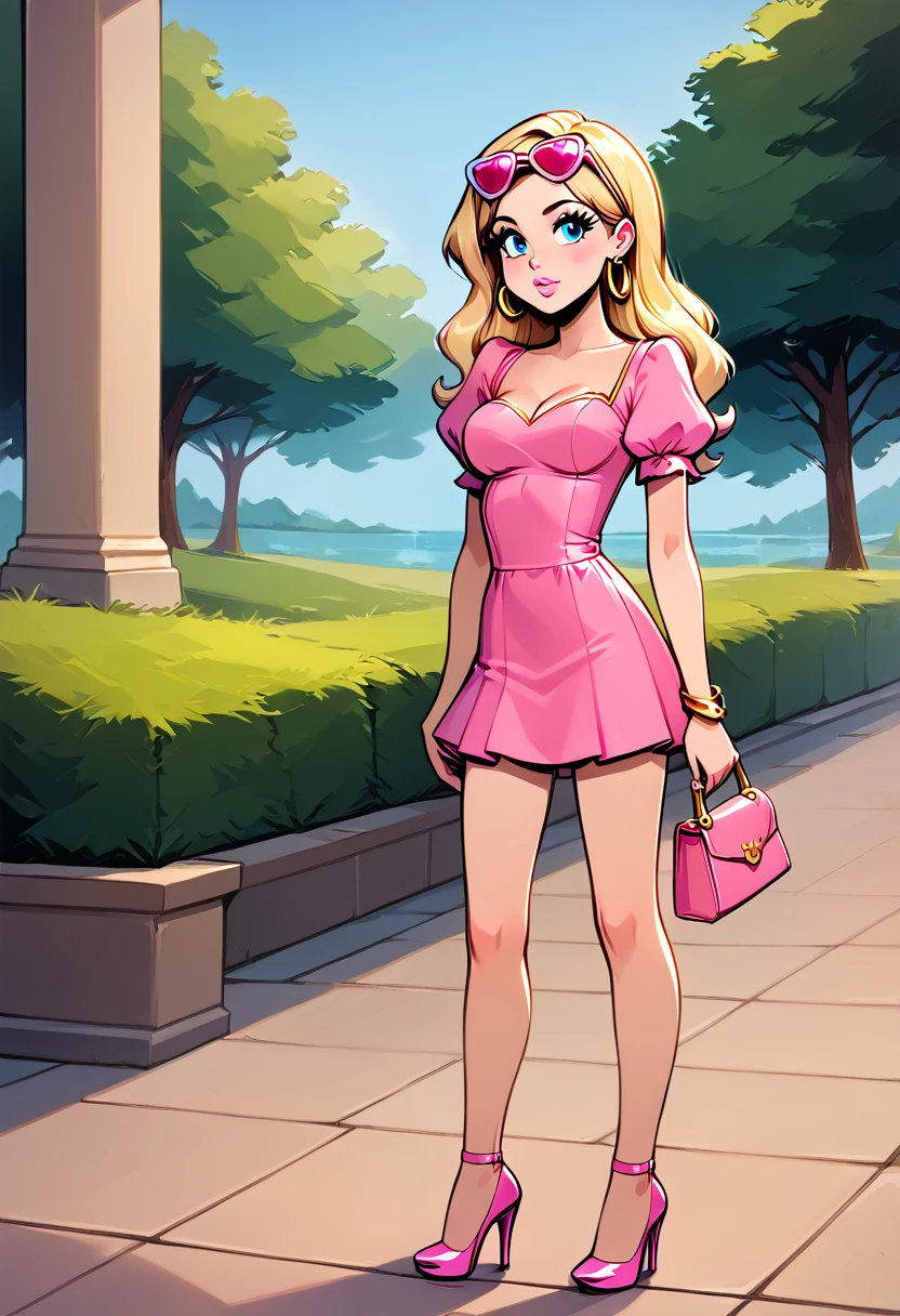 (masterpiece, best quality, 8k, sharp focus, 1girl, long blonde hair, blue eyes, fair skin, beautiful girl, rosy cheeks, glossy pink lips, pink sunglasses on head, short pink dress, straight hair, short puffy sleeves, gold bracelet, pink heels holding pink purse, gold hoop earrings, Barbie