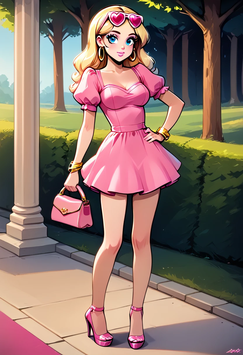 (masterpiece, best quality, 8k, sharp focus, 1girl, long blonde hair, blue eyes, fair skin, beautiful girl, rosy cheeks, glossy pink lips, pink sunglasses on head, short pink dress, straight hair, short puffy sleeves, gold bracelet, pink heels holding pink purse, gold hoop earrings, Barbie