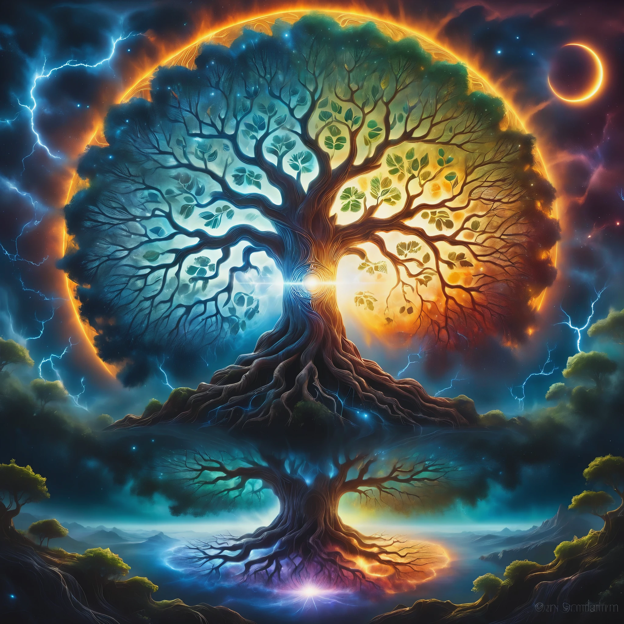 A painting of a tree with the sun and the moon in the background, Cosmic Tree of life, Cosmic Tree, the world Tree, tree of Life seed of doubt, world Tree, tree of Life, Magic Tree, Magic Tree, the tree of Life, Fractal Thunder - Dan Mumford, Fantasy tree, mystical landscapes, Art, Yggdrasil. Representatives of the four elements of nature.