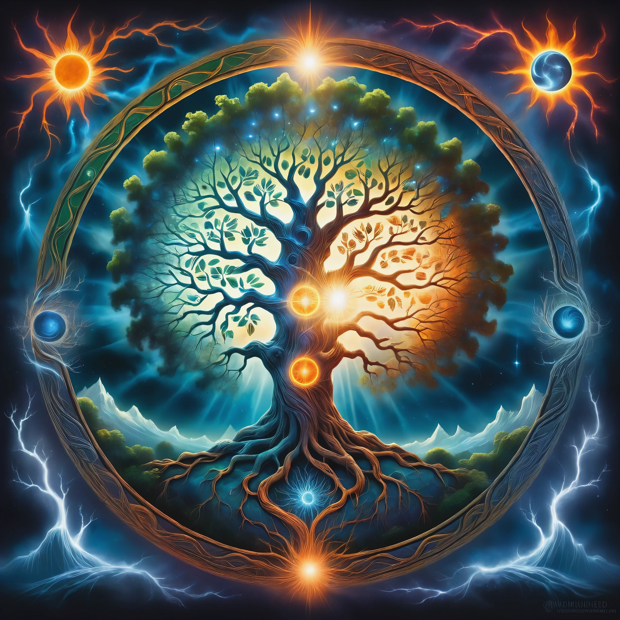 A painting of a tree with the sun and the moon in the background, Cosmic Tree of life, Cosmic Tree, the world Tree, tree of Life seed of doubt, world Tree, tree of Life, Magic Tree, Magic Tree, the tree of Life, Fractal Thunder - Dan Mumford, Fantasy tree, mystical landscapes, Art, Yggdrasil. Representatives of the four elements of nature.