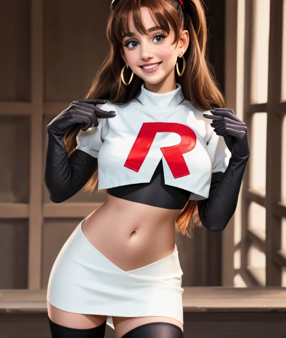 masterpiece, Highest quality, alone, One Girl,View your viewers,space,Very detailed, ,smile,blushする,Lamia,Team Rocket,Team Rocket uniform, Red letter R, White Skirt,White crop top,Black thigh-high boots, Black elbow gloves,blush, Looking down at the viewer, Hands on hips, Secret Base