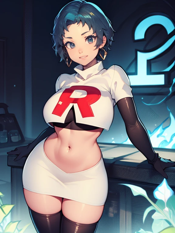 fuukap3, short hair ,glossy lips ,blue hair, Team rocket, team rocket uniform, red letter R, white skirt,white crop top,black thigh-high boots, black elbow gloves, evil smile, earrings, large breasts, sexy pose