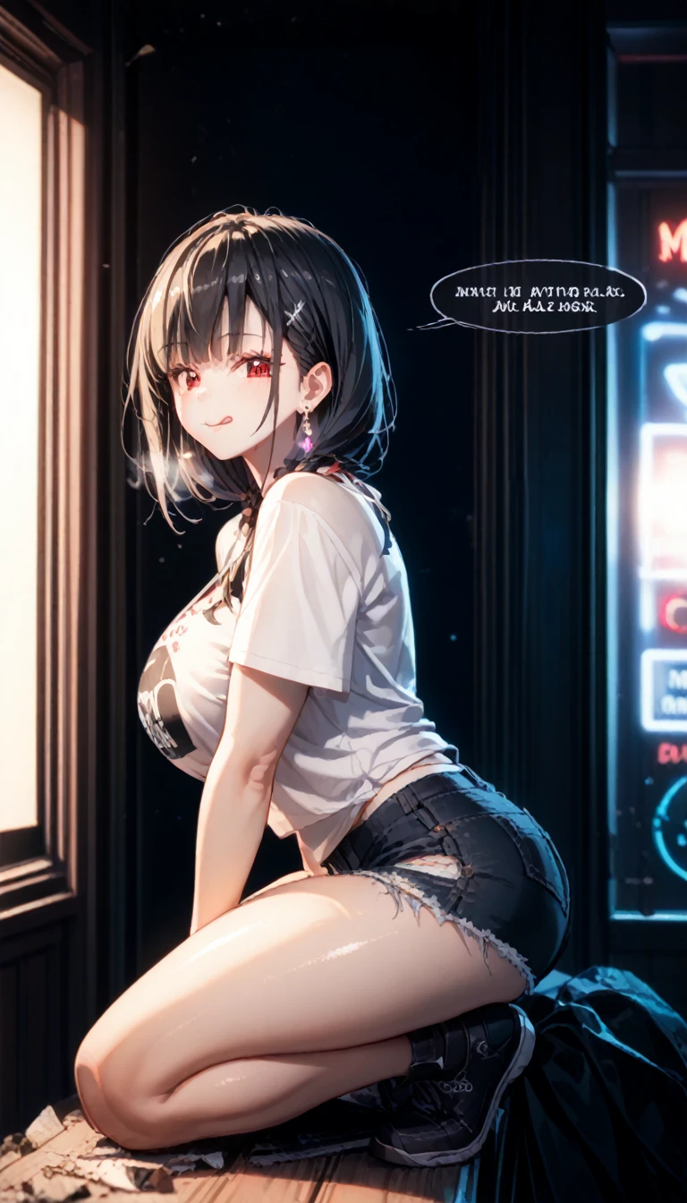 ((Highest quality)), ((masterpiece)), (detailed), One person,Age 25,Race Queen,(Black mini skirt),(Shirt buttons open),Belly button exposed,Big Breasts,blush,Underbust,(Her cleavage is visible),(Excited expression),(Seduce),night,circuit,Dim lighting,(暗いnightの背景),(Dimly lit changing room),(Messy changing room),Browsing Caution,sexy,(Alone with a man),(Bury your face in the crotch of a man),(Side angle),Sweat,(Black garter belt),(Move your tongue up and down),