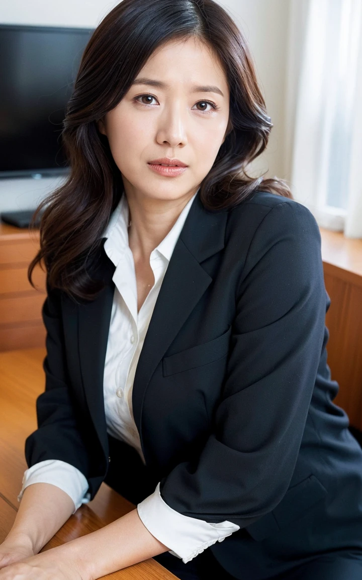 japanese mature, (A woman), 30 years old, (Wrinkles at the corners of the eyes:1.2), There are several attractions，Medium breasts, A MILF, carismatic, Top 1 sexy, Chromo-white skin, view the viewer、ultra huge breasts、Professional attire seduction、ssmile、in a  bedroom、Pear-shaped buttocks，Long legs，Perfect tall figure，The shoes are beautiful，