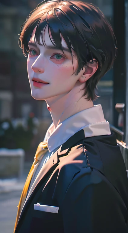 (Highest quality,4K,8K,High resolution,masterpiece:1.2),Super detailed,(Realistic,photoRealistic,photo-Realistic:1.37),1 personld,Mature Men,Beautiful skin、very handsome,Expressionless smile in love,Short gray black hair,green eyes,Sharp Eyes,A perfect face without a doubt,Businessman, CEO, Office Background,Cinema Lighting,HDR image,tie、