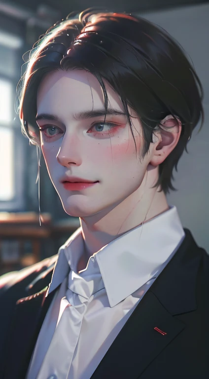 (Highest quality,4K,8K,High resolution,masterpiece:1.2),Super detailed,(Realistic,photoRealistic,photo-Realistic:1.37),1 personld,Mature Men,Beautiful skin、very handsome,Expressionless smile in love,Short gray black hair,green eyes,Sharp Eyes,A perfect face without a doubt,Businessman, CEO, Office Background,Cinema Lighting,HDR image,tie、