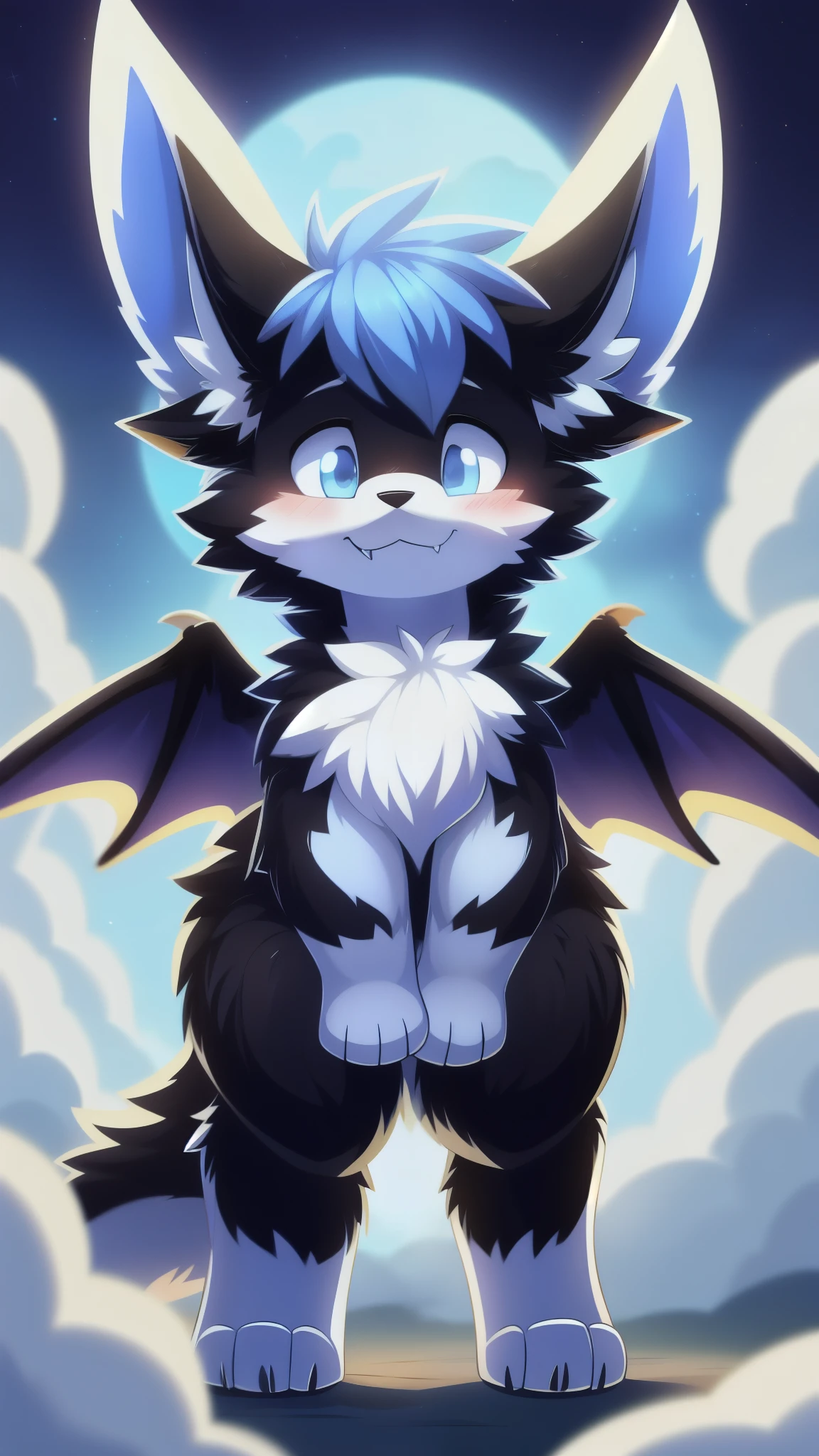 furry art, feral, furred dragon, femboy, white and black fur, thicc, wings, 4 ears, four ears, 4 big ears, multiple ears, many ears, horns, tail, chest fluff, paws, fangs, embarrassed, happy, blind, faded eyes, faded blue eyes, faded cloudy eyes, staring off into space, extra fluffy, quadruped, drunk, intoxicated