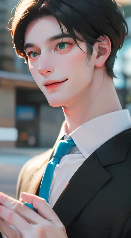 (Highest quality,4K,8K,High resolution,masterpiece:1.2),Super detailed,(Realistic,photoRealistic,photo-Realistic:1.37),32 years, personld,Mature Men,Beautiful skin、very handsome,Expressionless smile in love,Short gray black hair,green eyes,Sharp Eyes,A perfect face without a doubt,Businessman, CEO, Office Background,Cinema Lighting,HDR image,tie、