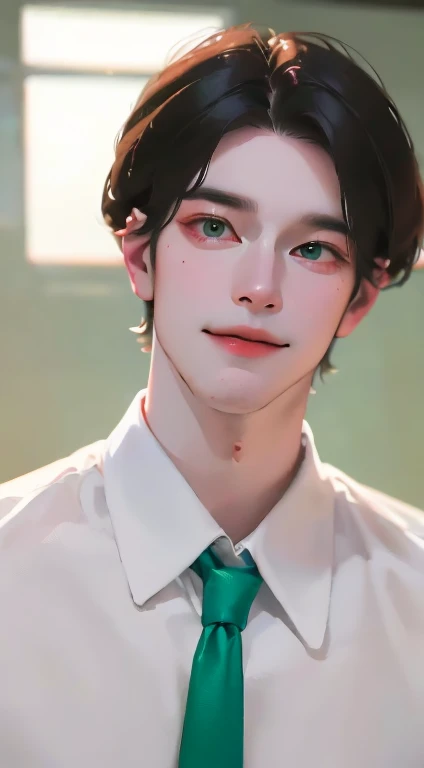 (Highest quality,4K,8K,High resolution,masterpiece:1.2),Super detailed,(Realistic,photoRealistic,photo-Realistic:1.37),32 years, personld,Mature Men,Beautiful skin、very handsome,Expressionless smile in love,Short gray black hair,green eyes,Sharp Eyes,A perfect face without a doubt,Businessman, CEO, Office Background,Cinema Lighting,HDR image,tie、